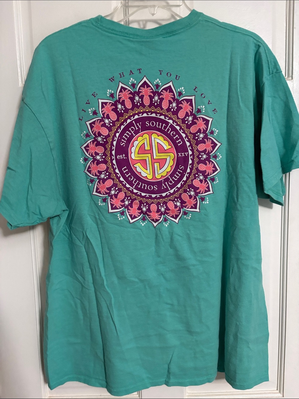 Simply Southern Teal Short Sleeve Tee with Pink, Purple & Gold Mandala